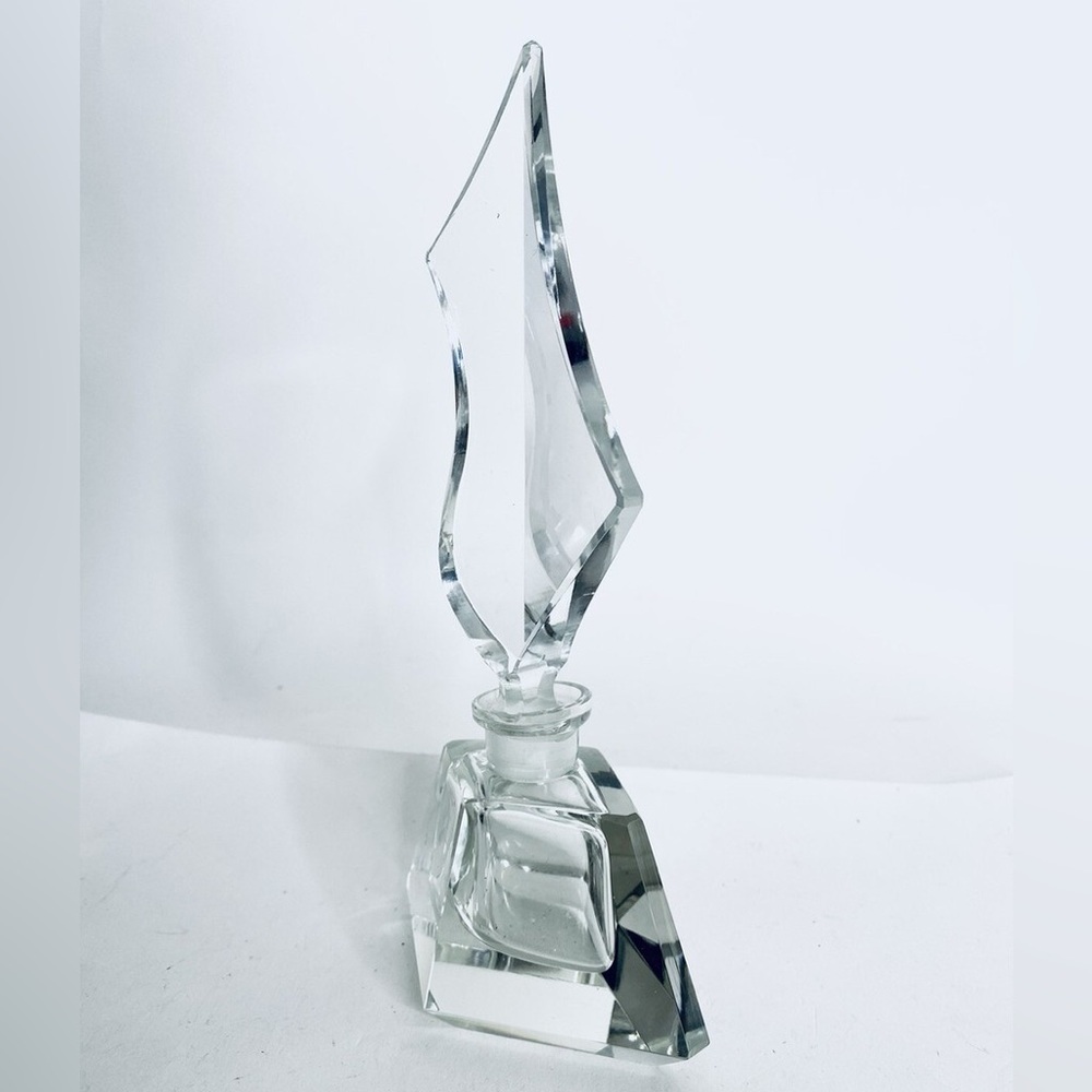 Vintage Inkwell Italian Cut Lead Crystal Perfume Bottle W Geometric Topper 8.5”
